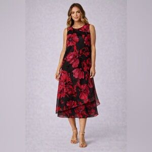 Cute Floral Sleeveless Black and Red Dress with Fun Asymmetrical Hem